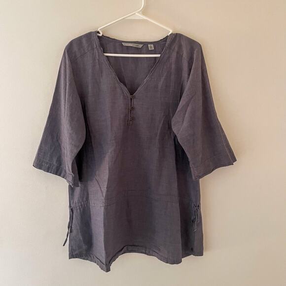 Organic Cotton Tunic Top L Gray Minimalist Boho 3/4 Sleeve Sustainable Roll Tab - Picture 2 of 11